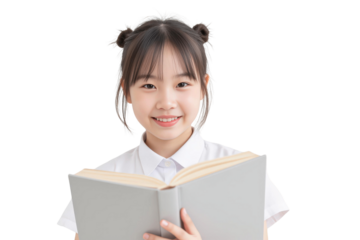 Portrait of a young school concept. A young woman smiles while holding an open book,  isolated on transparent background.