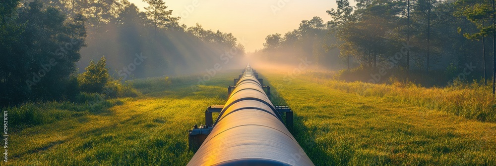 Poster gas pipelines running through a vibrant forest landscape during early morning light. generative ai