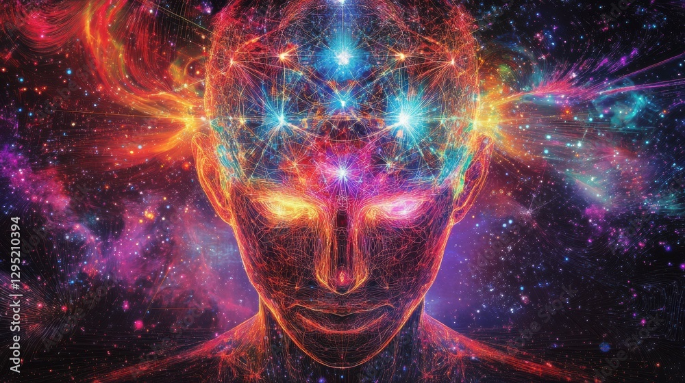 Poster Human head silhouette filled with interconnected glowing AI nodes and digital patterns in a cosmic cyberpunk backdrop. Generative AI