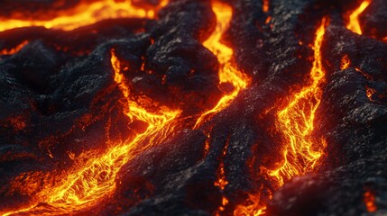 Fototapeta premium Fiery Lava Flow with Bright Red Magma Cracks and Textured Black Rocks in Volcanic Landscape