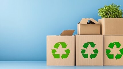 Eco-friendly Packaging with Boxes and Green Plant on Blue Background