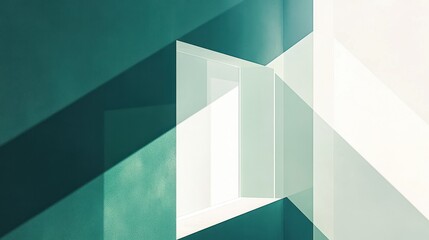 Abstract Teal and White Architectural Interior with Light and Shadow