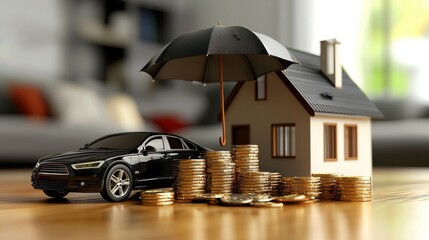 A toy car and a house model are shielded by an umbrella, surrounded by stacks of coins, symbolizing protection and investment.