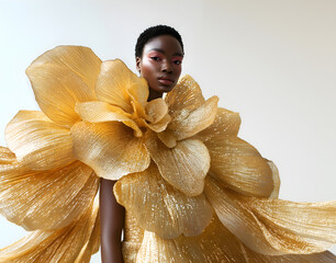 Fashion editorial Concept. Black girl of high fashion couture tulle flowing conceptual and pleats petal like gold shimmer shiny sparkle bridal angel dress. dynamic composition. copy text space 
