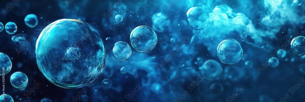 Poster glowing gas bubbles rise through deep blue waters creating mesmerizing underwater visuals at twiligh