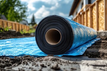 Rolled black landscaping fabric on blue tarp. Ideal for weed control and ground preparation.