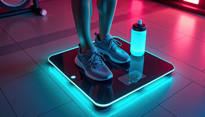 Person standing on illuminated bathroom scale for health monitoring and fitness tracking applications