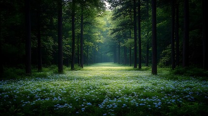 Obraz premium Sunlit forest path, bluebells, misty morning, peaceful scene, nature wallpaper