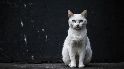Obraz premium A lonely white cat in a black, green eyes on camera, minimalist and modern background 