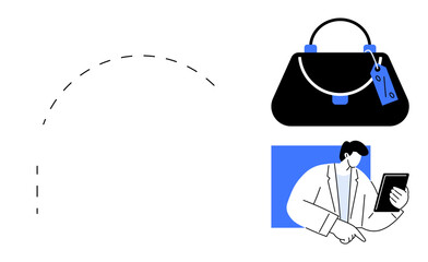 Handbag with price tag and businessman using tablet. Ideal for online shopping, fashion retail, e-commerce, business analytics, marketing strategies, digital transactions, and consumer behavior