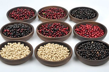 Fototapeta premium Assorted Peppercorns in Wooden Bowls, Spice Collection Photography