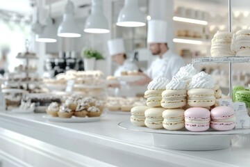 A bakery showcases an array of colorful pastries, macarons, and cakes. Chefs in white uniforms are busy behind the counter, creating delicious desserts in a well-lit environment