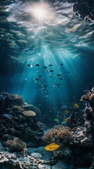 Obraz premium Glowing sea creature drifting in deep waters, a serene underwater encounter revealing nature's hidden wonders. 