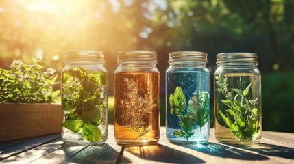 Herb infusions in glass jars outdoor setting close-up photography nature sunlight filtering through textures and colors