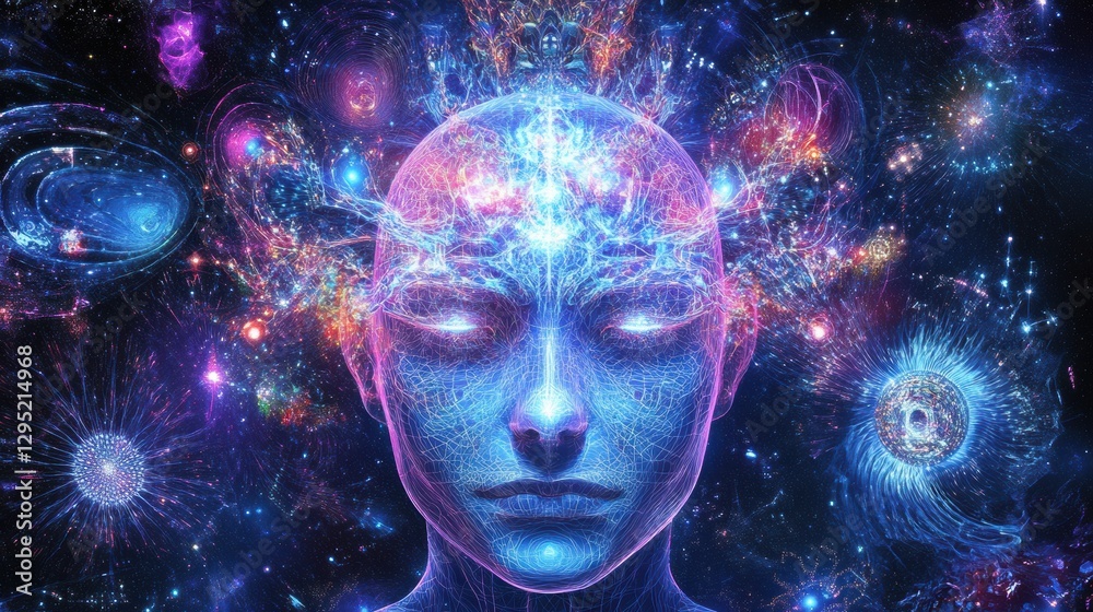 Poster Human head silhouette filled with glowing AI nodes and digital patterns against a cosmic cyberpunk background. Generative AI