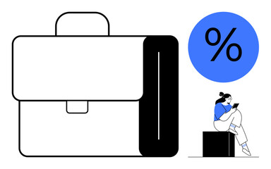 Large briefcase, seated person using tablet, large blue percentage sign. Ideal for business strategy, finance, investment, technology, education work-life balance and modern lifestyle themes. Line