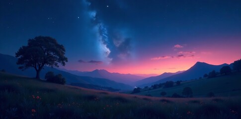 A beautiful night sky filled with stars above a peaceful landscape, stars, starscape