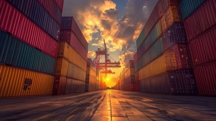 Sunset at shipping port, containers, crane, global trade