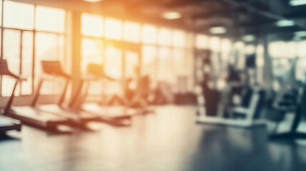 Fototapeta premium Bokeh background. Abstract blur and defocused fitness sport equipment in gym room interior for background. AI Generated Images