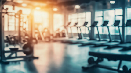 Fototapeta premium Bokeh background. Abstract blur and defocused fitness sport equipment in gym room interior for background. AI Generated Images