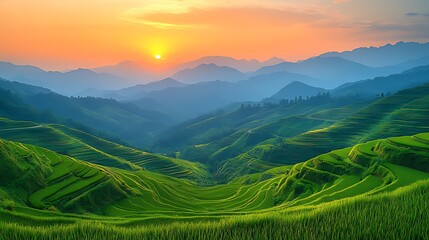 Naklejka premium Sunrise over terraced rice paddies, China, mountains