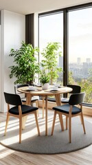 Fototapeta premium Minimalist dining set showcased on a sleek table with soft diffused lighting modern apartment lifestyle photography top-down view