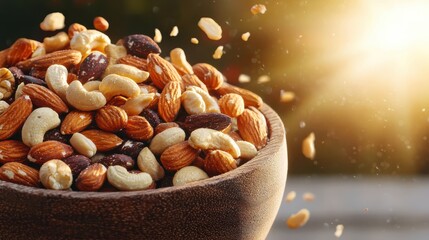 Fototapeta premium Vibrant closeup of vitamin-packed mixed nuts in a bowl with sunlight glowing through macro photography natural setting