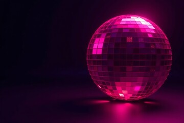 Pink disco ball glowing against black background, reflection, nightlife