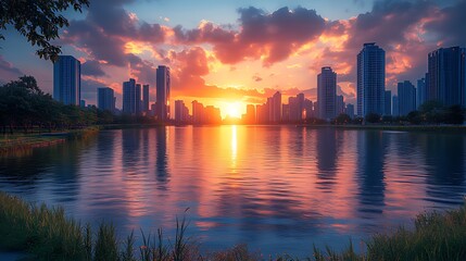 Fototapeta premium Cityscape sunset reflecting on calm lake park