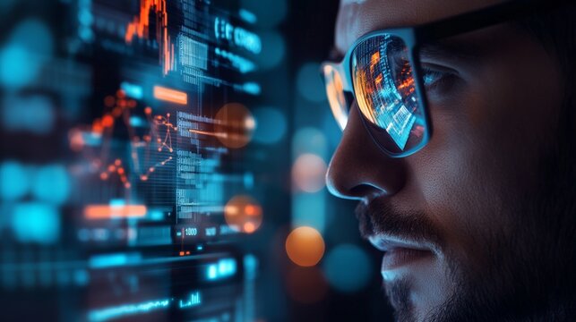 Business analyst using a smart contact lens displaying augmented financial data, futuristic AR technology - Powered by Adobe