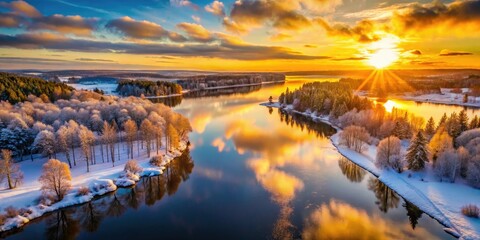Obraz premium Stunning Winter Sunset River Landscape Photography - Snow Covered Banks, Golden Hour Light