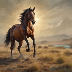 Obraz premium Velvety Brown Horse Galloping Through the Desert