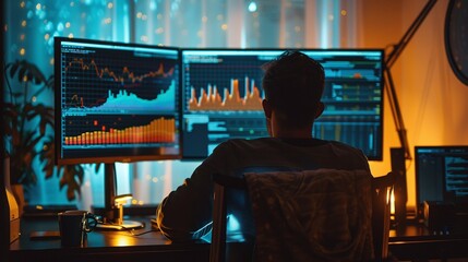 Analyst Monitoring Financial Data on Multiple Computer Screens in Workplace  Tracking Market Charts Graphs and Analytics Dashboard for Investment Research and Business Strategy