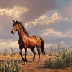 Obraz premium Velvety Brown Horse Galloping Through the Desert