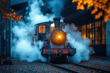 Steam train departing station, autumn leaves, night. Transport history