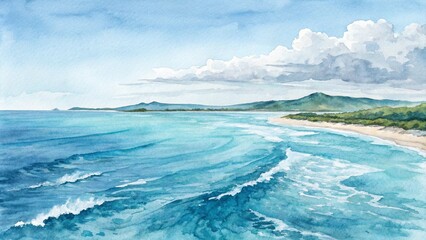 Fototapeta premium Abstract sea soft wave watercolor illustration painting background. Abstract water ocean wave, blue, aqua, teal texture. Blue and white water wave web banner Graphic Resource as background 