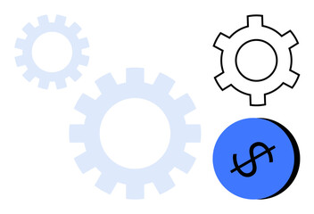 Three gears of varying sizes in light blue and black colors, with a blue circle containing a black dollar sign. Ideal for industry, economics, processes, efficiency, productivity, financial growth