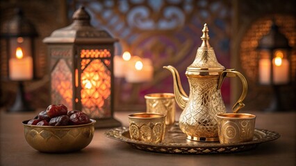 Exquisite Golden Tea Set with Delicate Cups and Lanterns in Cozy Atmosphere