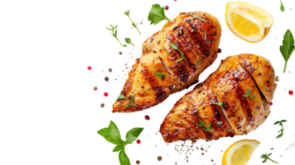 Grilled chicken breast with herbs, lemon, and pepper on transparent background