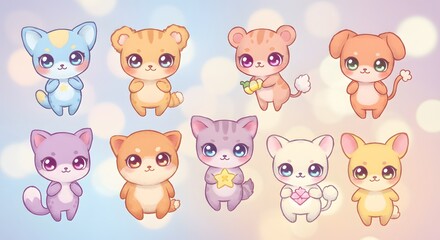 Obraz premium Adorable Kawaii Pet Collection: Eight Cute Cartoon Animals