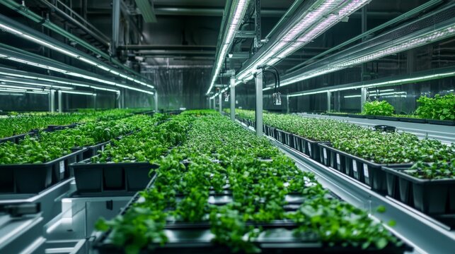 Vertical automated farming system in an industrial warehouse, AI-driven precision agriculture