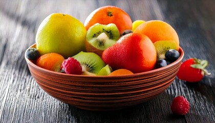 Fresh fruits in ceramic bowl 