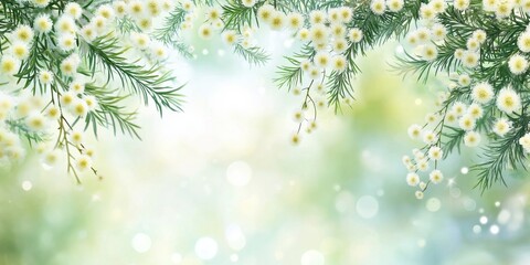 Delicate mimosa flowers and greenery on a soft blurred background