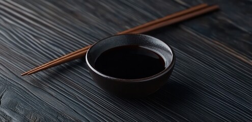 Soy sauce bowl, chopsticks, dark wood. Asian cuisine