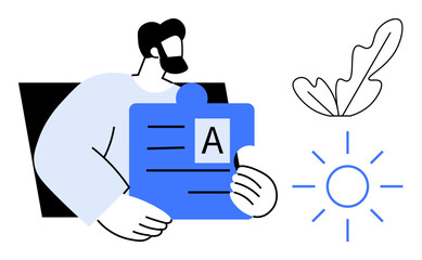 Man holding a blue puzzle piece with a letter A. Nearby, a leaf and sun icon convey ideas. Ideal for connection, problem-solving, education, creativity, nature growth clarity. Abstract line flat