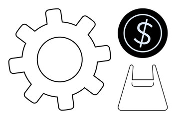 Gear representing efficiency, dollar coin symbolizing finance, and shopping bag indicating retail. Ideal for business, productivity, economics, commerce, engineering industry marketing. Abstract