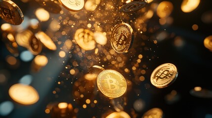 Glimmering Bitcoin Coins Falling with Radiant Golden Light Effects