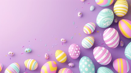 Obraz premium Colorful Easter eggs border on purple background with copy space. High-quality Easter banner template for text.