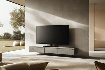 Fototapeta premium Modern Minimalist Living Room with Large Flat Screen TV