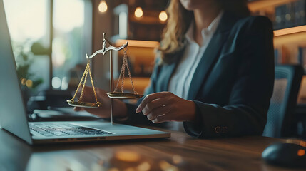 Lawyer Woman Using Laptop with Scales of Justice,  Modern Legal Workplace,  Professional Attorney Working Online.